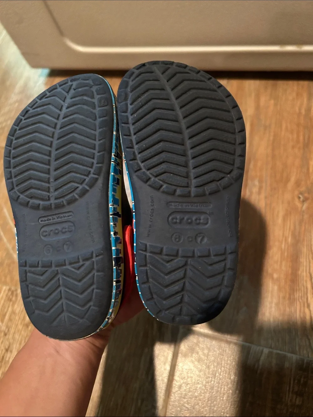 CROCS Kids Navy Blue Superman Clogs with Red Heel Straps and Yellow Trim 6C